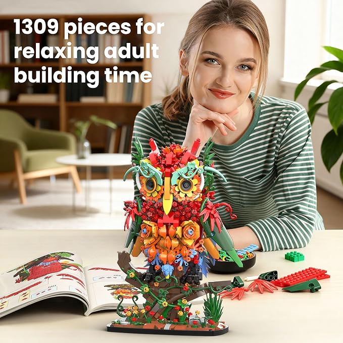 JOJO&Peach Flower Owl Animal Building Toys for Adults & Teens, A Floral Bird Model Kit for The Home Decor & Office Display, Botanical Collection Birthday Gift for Women Girls Aged 10+ (1309 Pieces)