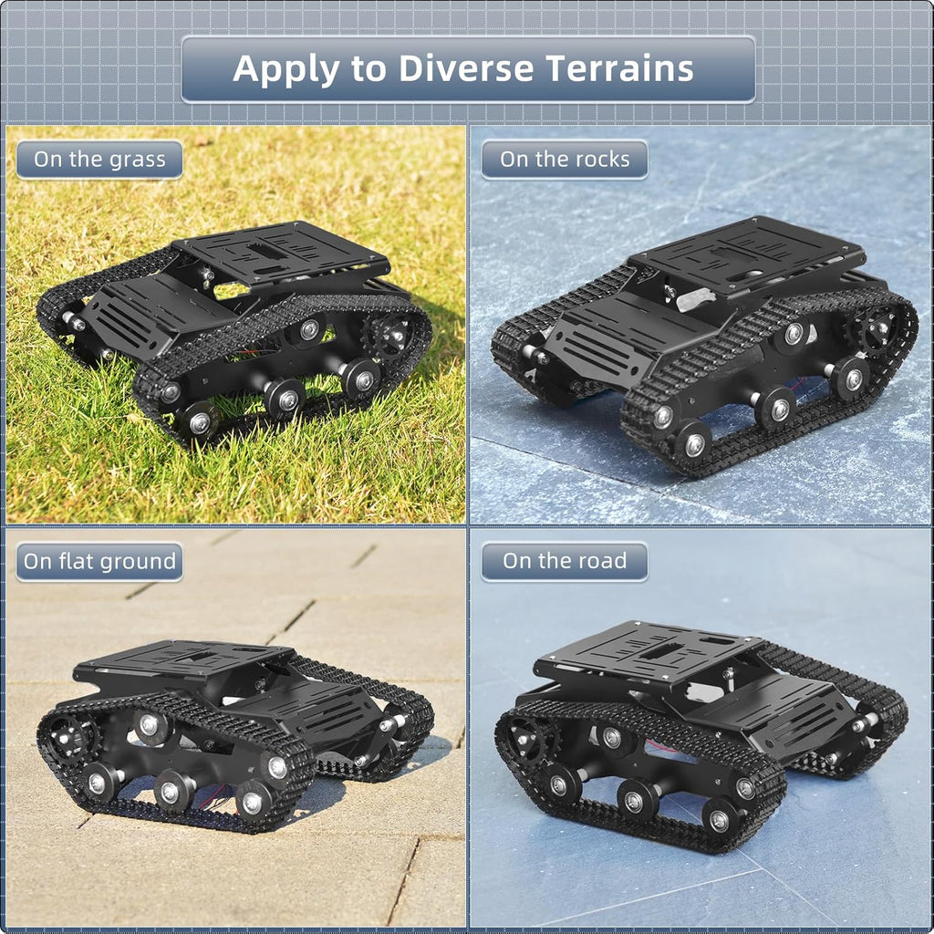 Tank Car Chassis with Motor, Shock Absorbing Robot Chassis Full-Metal Robotic Moving Platform Track Chassis for RaspberryPi Arduino DIY Maker Smart Robot Car Chassis Kit (Black, With Encoder motor)