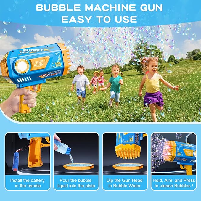 Bubble Gun, 125 Holes Bubble Machine with Lights, Bubble Guns for Kids Ages 4-8 Year Old, Big Bubble Gun Blaster for Wedding, Halloween Outdoor Toy Birthday Bubble Maker Party Favors (Blue)