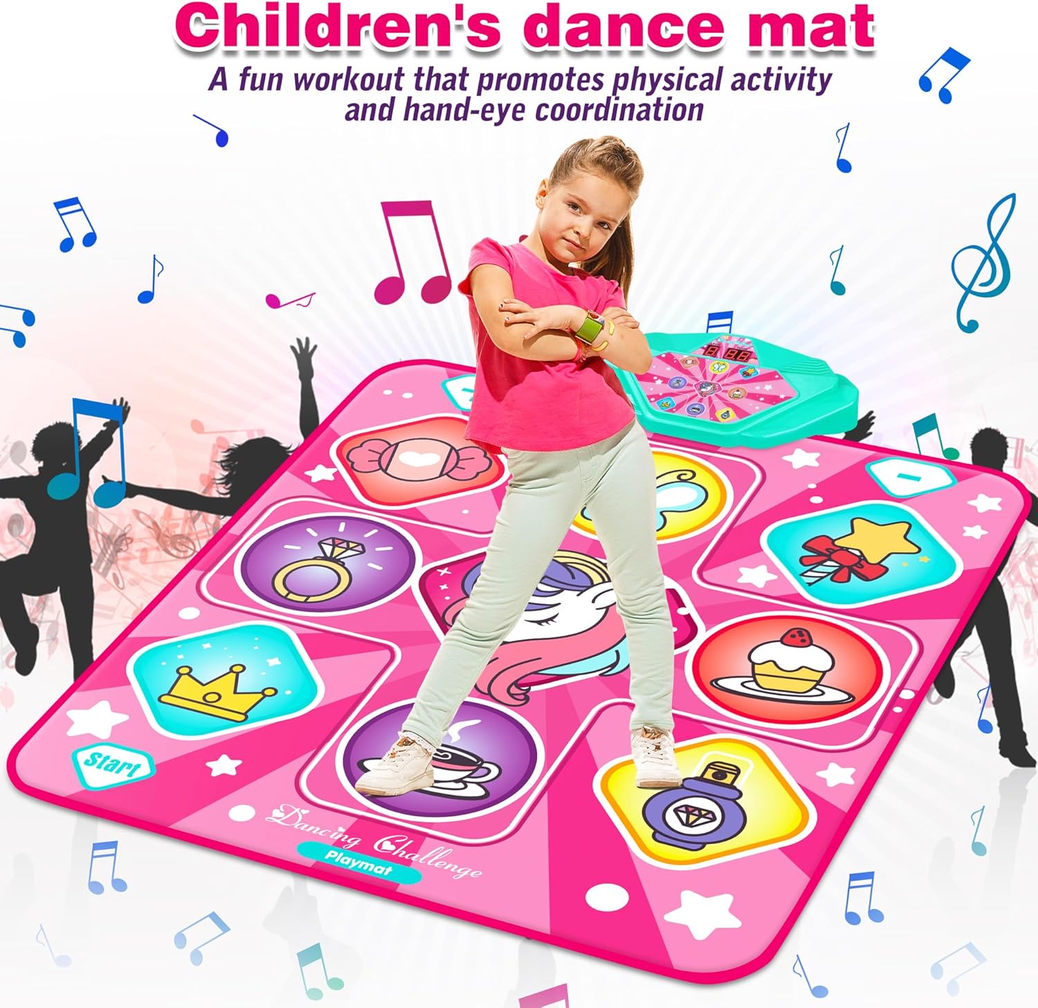 Unicorn Dance Mat, Dance Mixer Rhythm Step Play Mat, Pink Dance Pad with LED Lights, Adjustable Volume, Built-in Music, 5 Game Modes, Xmas B-Day Gifts for 3-12 Years Old Girls Toys