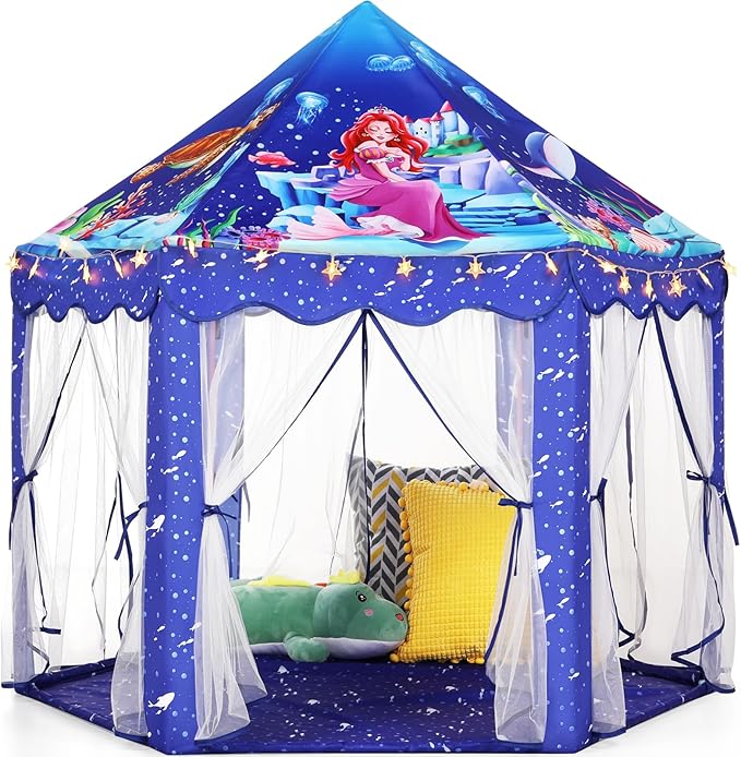 Monobeach Mermaid Princess Tent Girls Blue Large Playhouse Kids Castle Play Tent with Star Lights Gift Toy for Children Indoor and Outdoor Games
