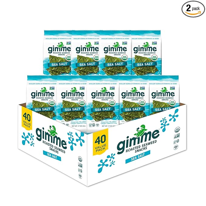 Gimme Seaweed Organic Premium Roasted Seaweed Snacks, Sea Salt, 40 Count, Keto, Vegan, Gluten-Free, Great Source of Omega3s and Iodine, Healthy On-The-Go Snack for Kids and Adults