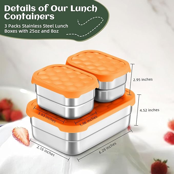 HaWare Stainless Steel Lunch Box for Kids, Leak Proof Food Storage Containers with Silicone Lids, Portable Sandwich Containers, Easy Open Snack Box for School & Daycare, Dishwasher Safe (8oz*2+25oz)