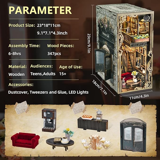 Book Nook Kit, DIY Miniature Dollhouse Book Nook Kit with Dust Cover and LED Light (Saisons Café)