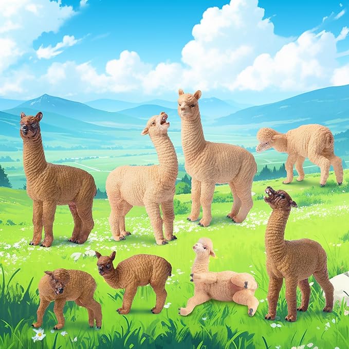 Toymany 8PCS Realistic Alpaca Figurines Llama Figures - Plastic Forest Jungle Animal Figurines, Christmas Birthday Toy Gift for Kids Boys Girls