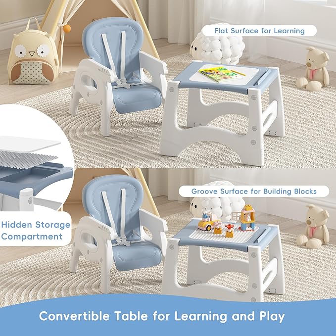 Xilingol 8 in 1 Convertible Baby High Chair W/Wheels, Baby Feeding Chair W/Adjustable Backrest & Removable Dual Tray, Building Block Table & Chair Set, HighChair for Babies & Toddlers (Blue)