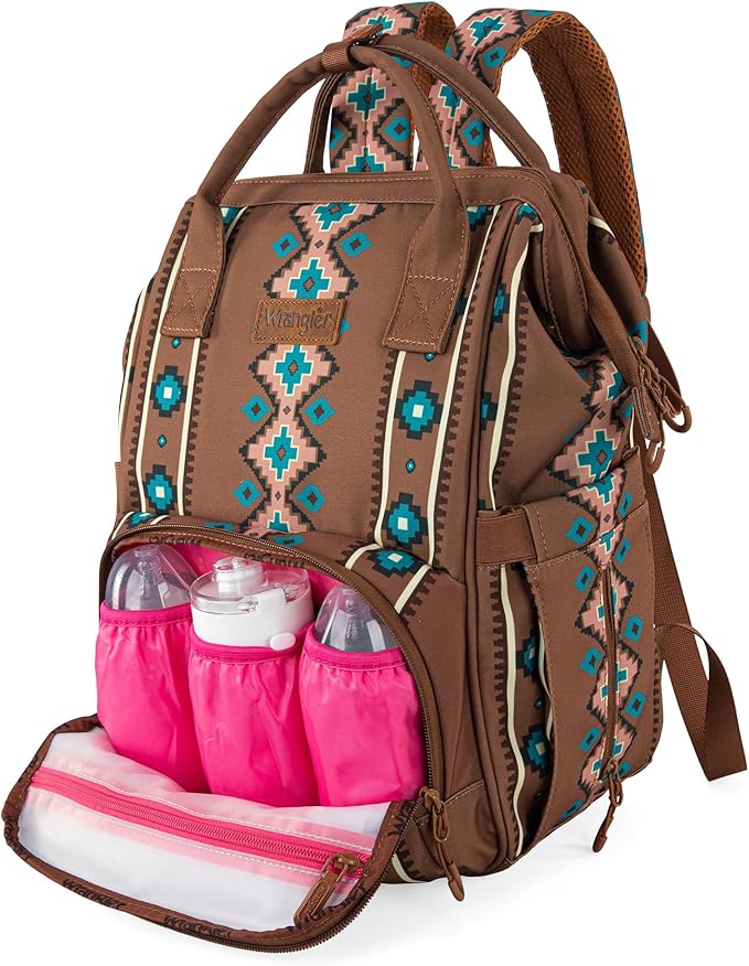 Wrangler Aztec Backpack Organized Daypack Travel Baby Bag with Stroller Strap and Side Bottle Pockets