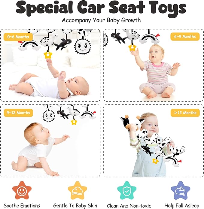 Spiral Car Seat Baby Toys 0-6 Months, Infant Carseat High Contrast Sensory Toys Hanging Stroller Accessories, Newborn Gifts for Baby Boys Girls Essentials, Cute Black and White Cow