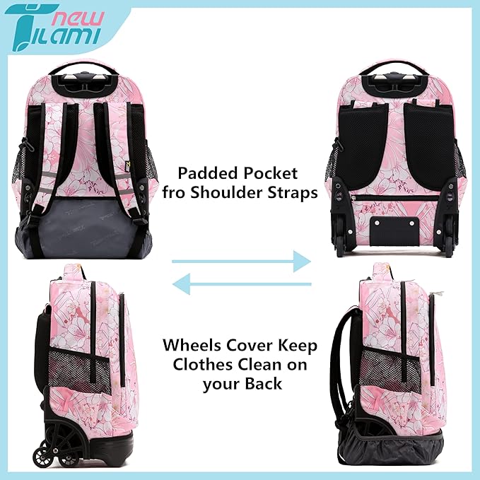 NEW TILAMI Girls & Boys Rolling Backpack - Moisture-Wicking, Adjustable Handle, Large Capacity, Perfect for School & Travel, Pink Flowers