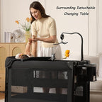 Pack and Play, Baby Bassinets Bedside Sleeper, Portable Crib, Diaper Changing Table & Baby Play Yard - Breathable Mesh & Steel Frame - Foldable for Newborn to Toddler (Black)