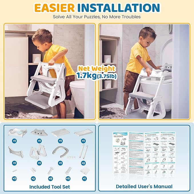 Orzbow 2-IN-1 Potty Training Toilet Seat with Step Stool for Toddler, Stability Training Potty Seat for Kids Boys Girls with Splash Guard and Anti-Slip Pad, Adjustable Ladder & Potty Seat Height, Grey