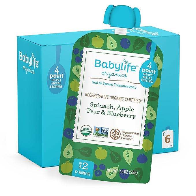 Babylife Organics Stage 2 - Spinach, Apple, Pear & Blueberry, 3.5 Ounce Pouch (6 Pack) - Heavy Metal Safe, Organic Baby Food