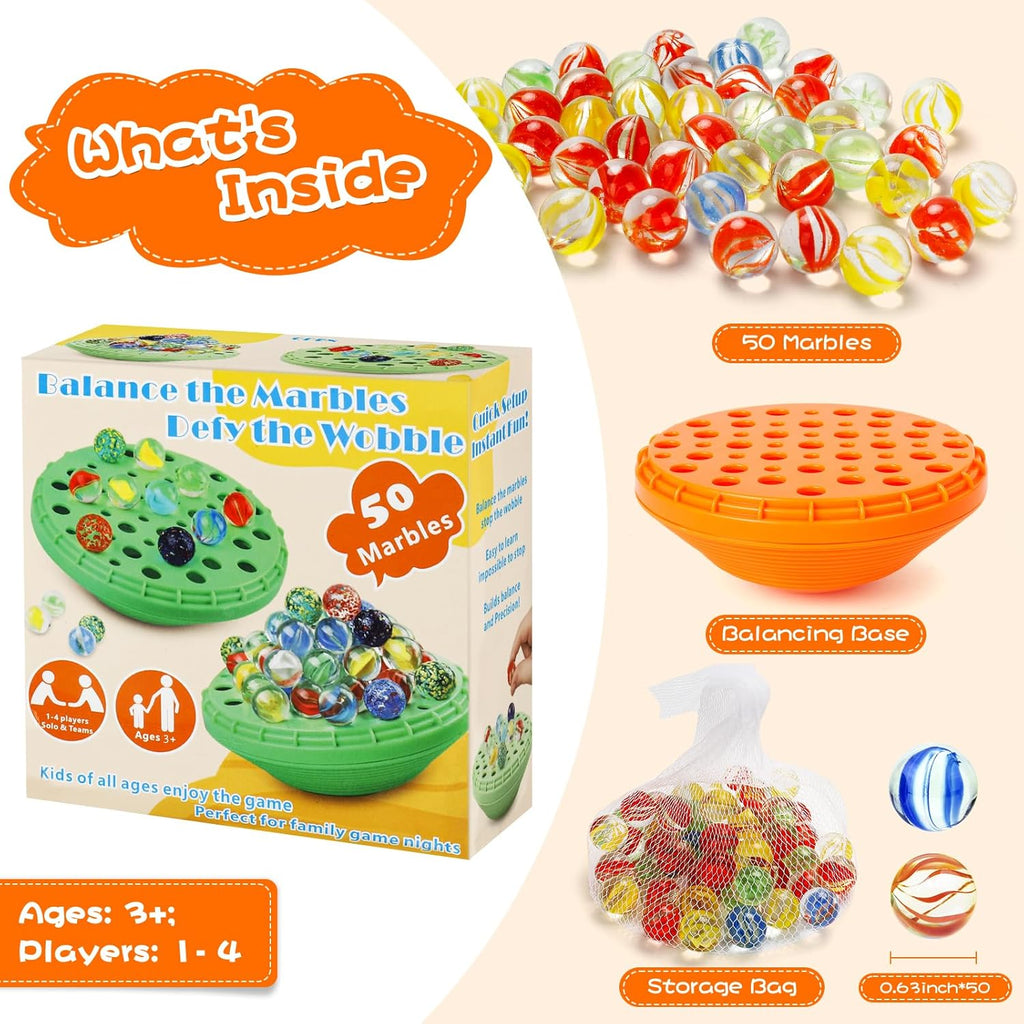 Marble Balance Game - 50 Colorful Marbles with Built-in Storage, Fun Family Challenge for 1-4 Players, Educational Toy for Kids & Adults, Perfect for Parties, Travel & Birthday Gifts (Sunset Orange)