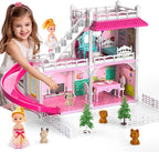 DIY Dollshouse for Girls 4-8 - 2-Story House with 3 Themed Rooms, 2 Dolls, 4 Dogs, Slide & Yard - Dolls House Toys for Imaginative Play