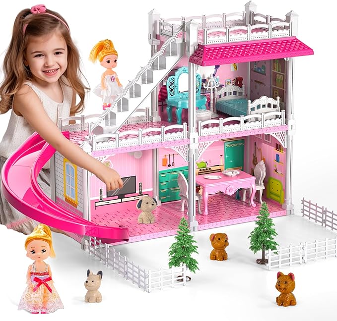 DIY Dollshouse for Girls 4-8 - 2-Story House with 3 Themed Rooms, 2 Dolls, 4 Dogs, Slide & Yard - Dolls House Toys for Imaginative Play