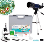 AMSCOPE-Kids 120X-1200X White Metal Arm Starter Kids Student Microscope Kit and Compact Refractor Telescope with Tripod - M30-ABS-KT2-W-TKVB1