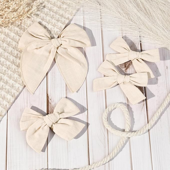 DEEKA 4 PCS Beige Cotton Linen Hair Bows 3 Styles 5" & 4" Handmade Hair Bow set for Toddler Girls Alligator Hair Clips Knot Bows Hair Accessories for Little School Girls (Beige)