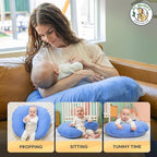 Dr. Mama's Organics Nursing Pillow with Lumbar Support - Ergonomic Design Helps Relieve Back Pain and Arm Fatigue - for Bottle and Breastfeeding - Removable Organic Cotton Cover - (Blue)