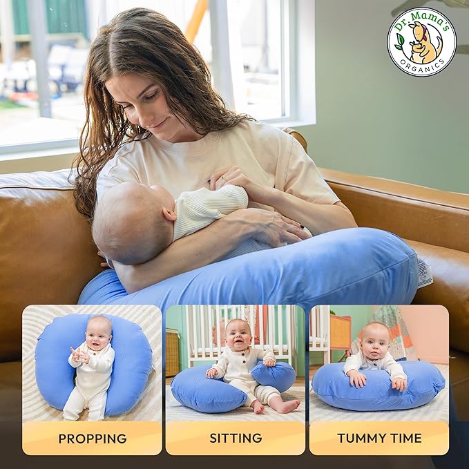 Dr. Mama's Organics Nursing Pillow with Lumbar Support - Ergonomic Design Helps Relieve Back Pain and Arm Fatigue - for Bottle and Breastfeeding - Removable Organic Cotton Cover - (Blue)