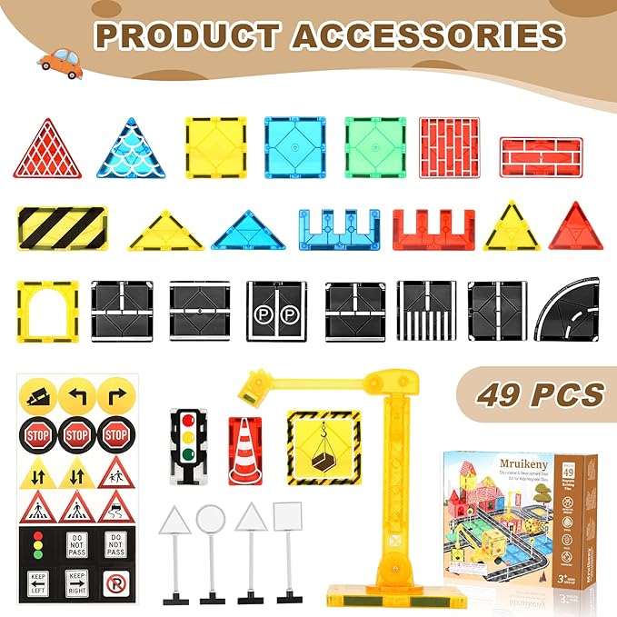Magnetic Tiles Road Set Kids Toys, Magnetic City Construction Toys with Magnet Crane for 3+ Year Old Boys Girls, STEM Magnet Blocks Building for Kids Ages 3-5 4-8
