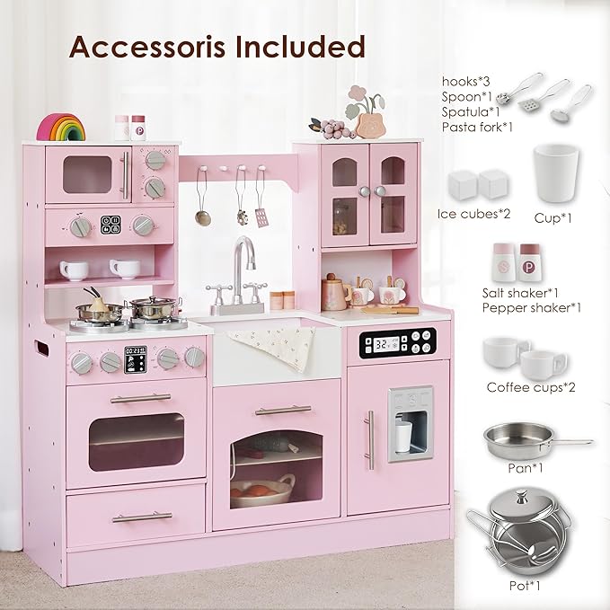 Wooden Play Kitchen for Toddlers and Kids with Lights & Sounds, Large Interactive Pretend Play Set with Ice Maker, Stove, Sink, Oven, 12 Accessories - Ages 3-8