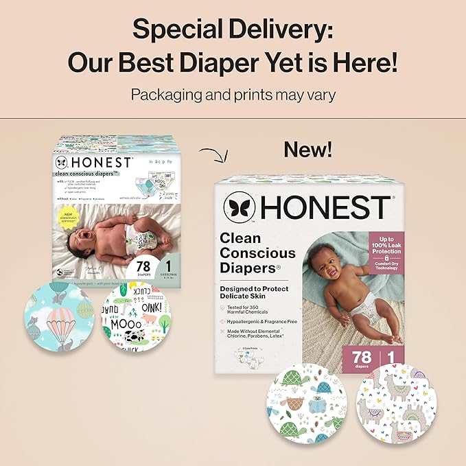The Honest Company Clean Conscious Diapers for Delicate Skin | Up to 100% Leakproof | Hypoallergenic, Fragrance Free | Gender Neutral | Club Box, Size 1 (8-14 lbs), 78 Count (Prints May Vary)