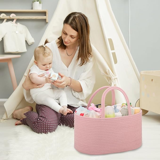 COMSE Large Baby Diaper Caddy Organizer for Girl Boy, Car Caddy with Handles, Cotton Rope Basket for Changing Table, Nursery Organizer, Gift for Baby Shower and Registry Must Have, Dusty Pink