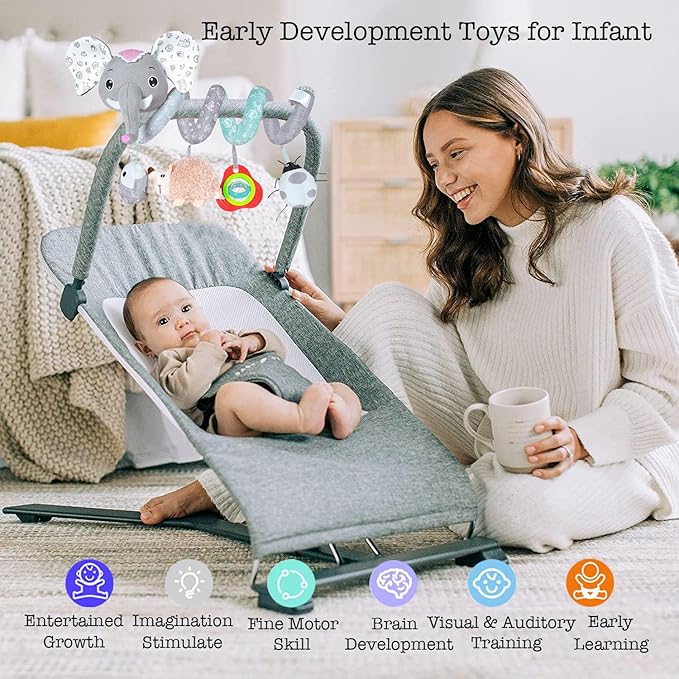 Car Seat Toys, Baby Activity Spiral Hanging Toys for Stroller Car Seat Crib Bar Bassinet Mobile, Musical Elephant Toys for Newborn Infant Boys Girls 0 3 6 12 Months