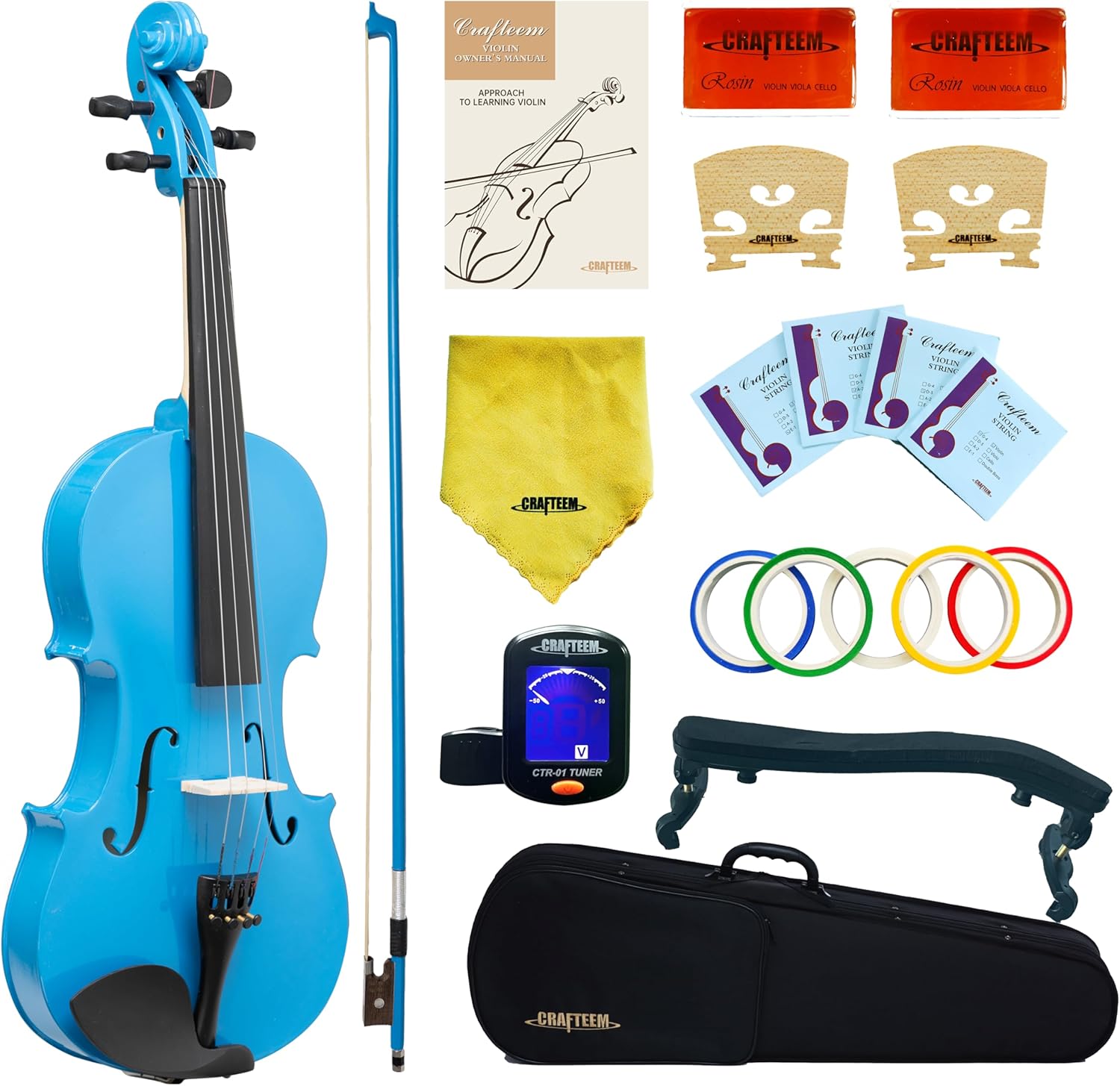 1/2 Fiddle Blue Colored Premium Violin Outfit for Beginners Adults Kids With 5 Color Fingering Tape- Handcrafted Student Beginner Violin. (Blue, 1/2)