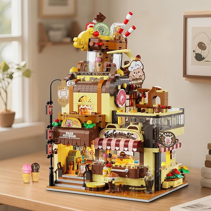 City Ice Cream House Building Set with Lights, 1377 PCS Dessert Shop Building Block Toy with Chocolate Sundae Cone, Sweet Workshop Construction Model for Adults Teens Kids Boys Girls Ages 12+