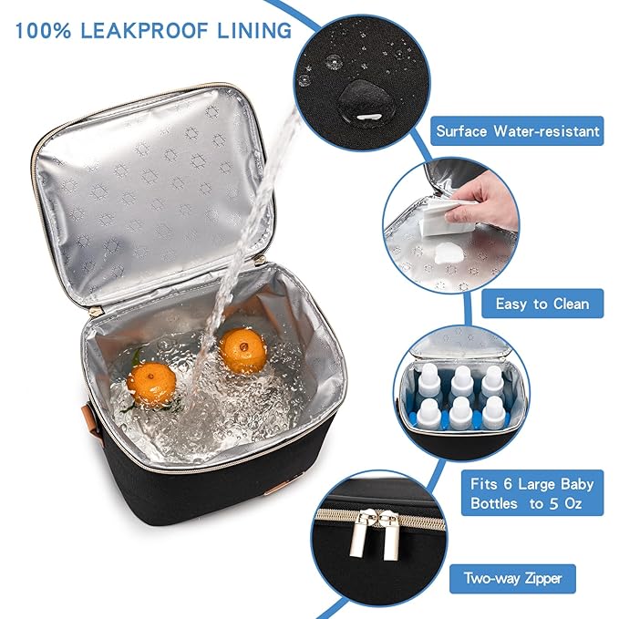 Breastmilk Cooler Bag with Ice Pack Fits 6 Baby Bottles Up to 5 Ounce, Baby Bottle Bag with Shoulder Strap for Nursing Mom Daycare-Black