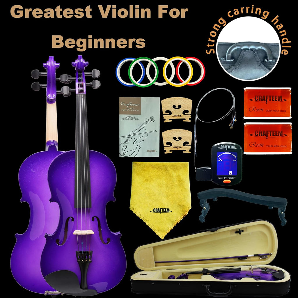 1/2 Fiddle Purple Colored Premium Violin Outfit for Beginners Adults Kids With 5 Color Fingering Tape- Handcrafted Student Beginner Violin. (Purple, 1/2)