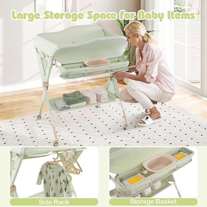 INFANS Baby Changing Table with Wheels, Portable Folding Diaper Station Nursery Organizer with Storage Basket, Hanging Rack, Adjustable Height, Safety Belt for Newborn Infant (Green)