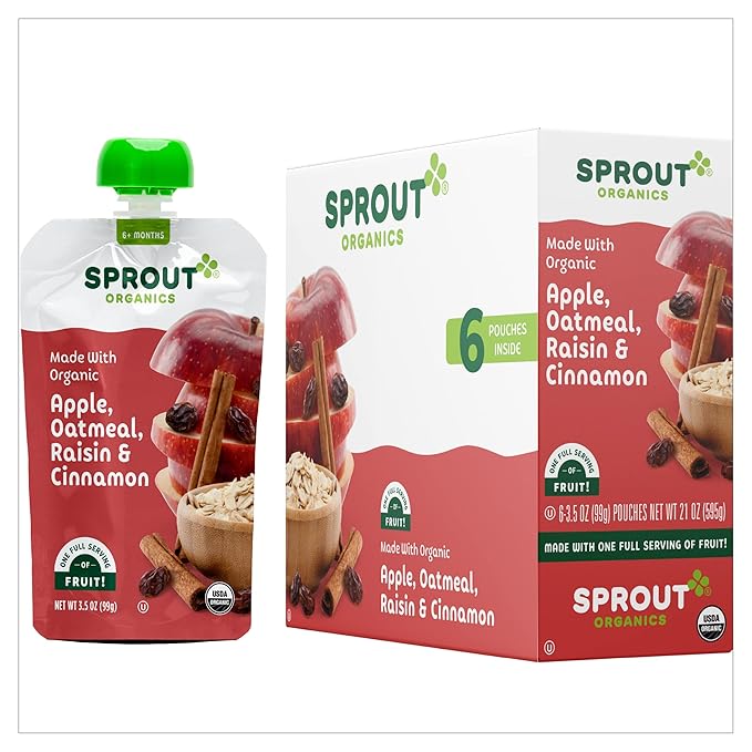 Sprout Organic Baby Food, Stage 2 Pouches, Apple Oatmeal Raisin with Cinnamon, 3.5 Oz Purees (Pack of 12)