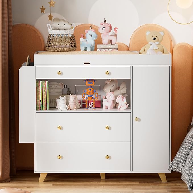 Nursery Dresser with Baby Changing Table, Modern Diaper Changing Station,Dresser for Nursery with 3 Drawers & Shelves, Storage Crib with Changing Table, White