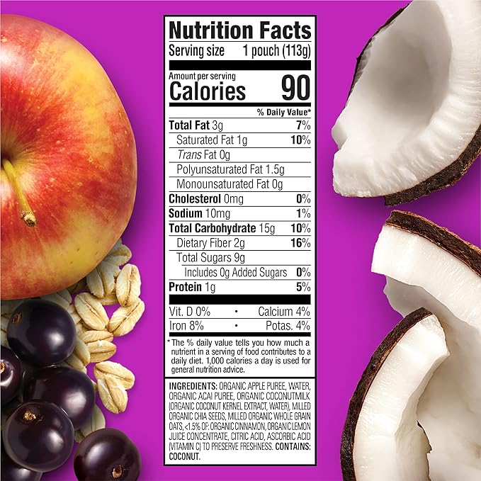 HAPPYTOT Organics Stage 4 Baby Food Pouches, Gluten Free, Vegan & Dairy Free Snack, Super Morning Fruit & Oat Blend, Apple, Acai, Coconutmilk, Oats & Chia, 4 Oz (Pack of 16)