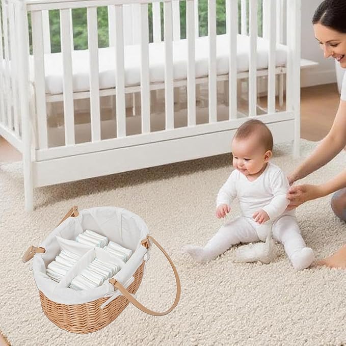 Handwoven Wicker Diaper Caddy Organizer, Multi - functional Baby Diaper Bag for Nursery & Home Storage, Detachable Lining, PU Handles, Baby Registry Must Haves (Wicker)
