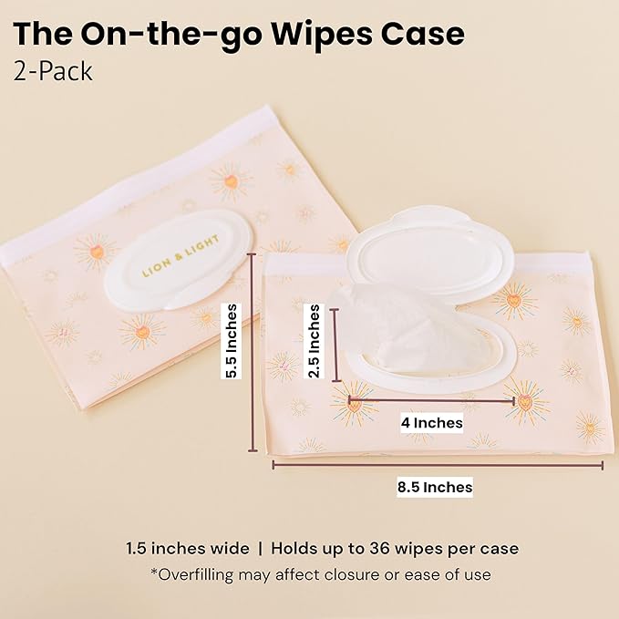 Lion & Light® Baby Wipes Dispenser | 2-pack Travel Wipes Case | Wipe Holder for Diaper Bag | Portable & Refillable Wet Wipe Pouch | Reusable Wipes Case