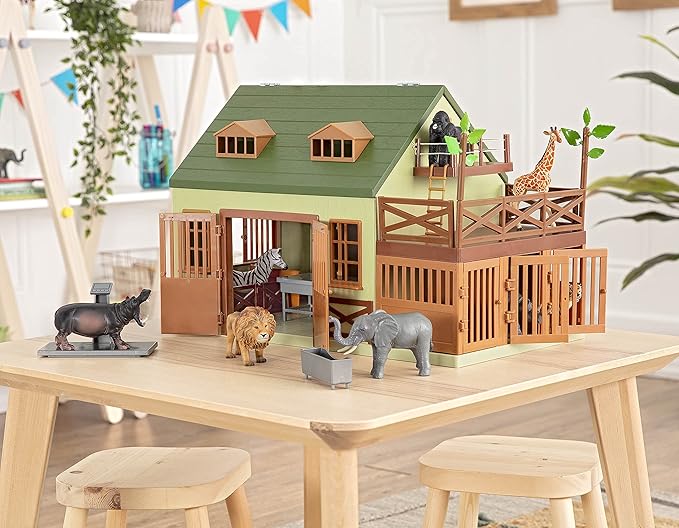 Terra by Battat – 15 Pieces Animal Hospital Playset – Wooden Vet Clinic with Openable Rooftop for Farm & Safari Animals – Pretend Play Toy for Toddlers & 3+ Years