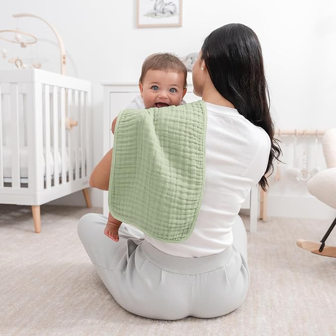 Comfy Cubs Muslin Burp Cloths 20" x 10", Pack of 10 - Large, 6-Layer, Ultra Absorbent 100% Cotton for Baby Drool and Messes - Soft, Safe & Gentle Baby Burp Cloths for Boys & Girls - Sage