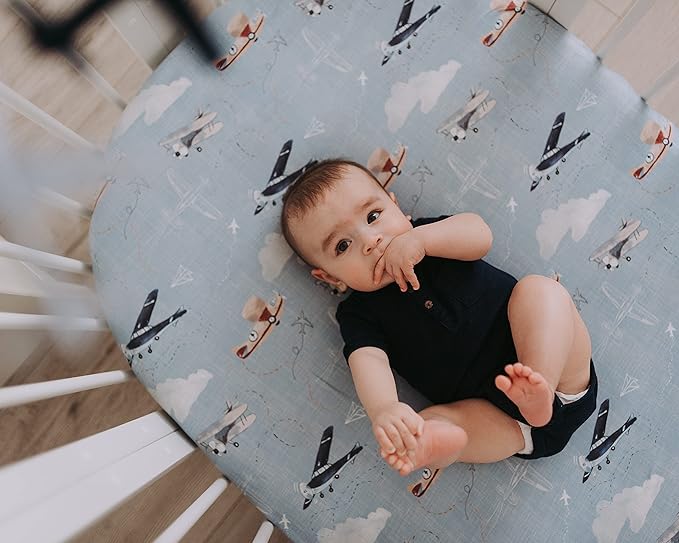 Crib Sheets Neutral - Fitted Baby Crib Sheets Bed for Girl Boy - 2 Pack Standard & Toddler Mattress - Buttery Soft Organic Cotton Blend (Airplanes in The Clouds)