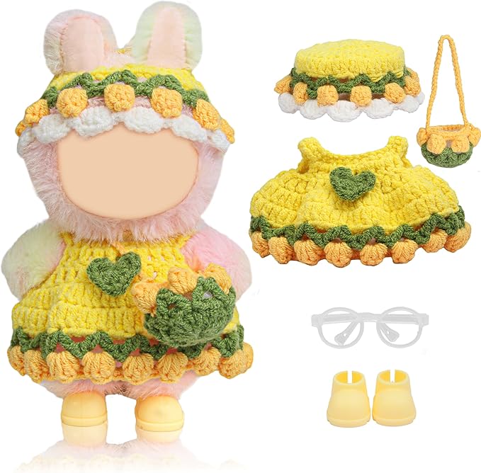 Handmade Clothes for 17cm Doll - 5-Piece Hand Crochet 17 cm Clothes Outfit with Woolen Doll Dress, Flower Hat, Shoulder Bag Accessories for Dress up 15cm/17cm Dolls Gift