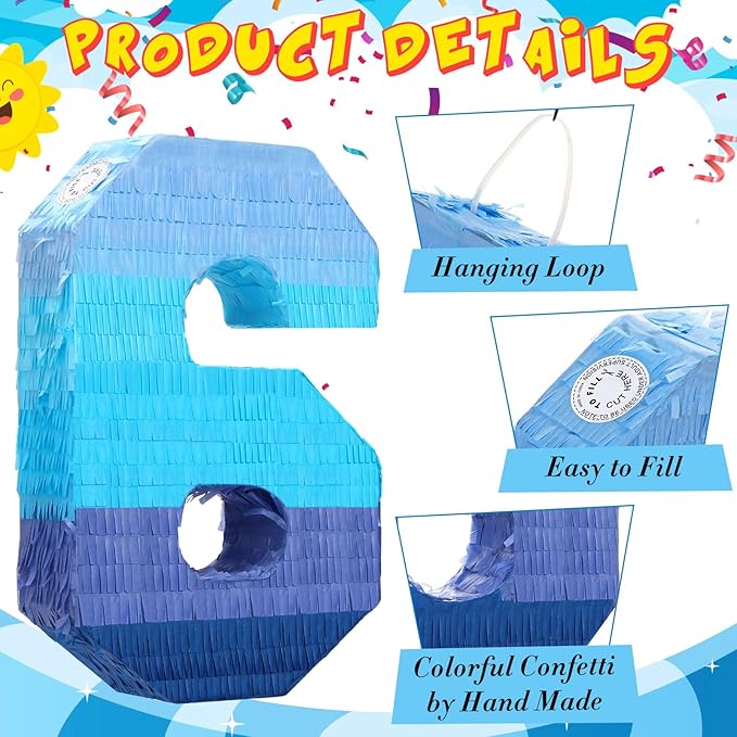 Sratte Number 1 2 3 4 5 6 7 8 9 Piñata with Stick Blindfold Confetti, Gradient Blue Piñata for Kids Boys Girls Birthday Party Anniversary Decorations Supplies(Number 6)