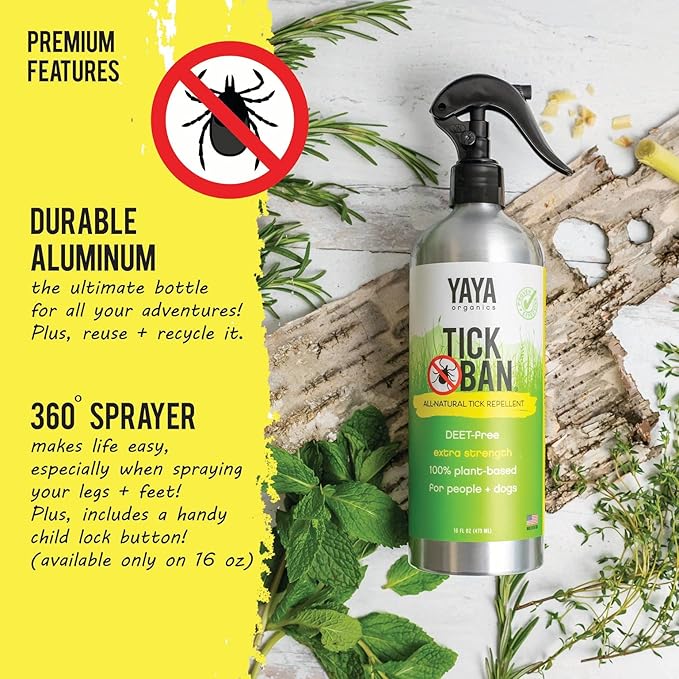 YAYA ORGANICS Tick Ban | Extra Strength Tick Repellent Made with Essential Oils and All Natural, DEET Free Ingredients | Proven Effective, Safe for Adults, Kids and Dogs | Mixed Pack (4oz/16oz)