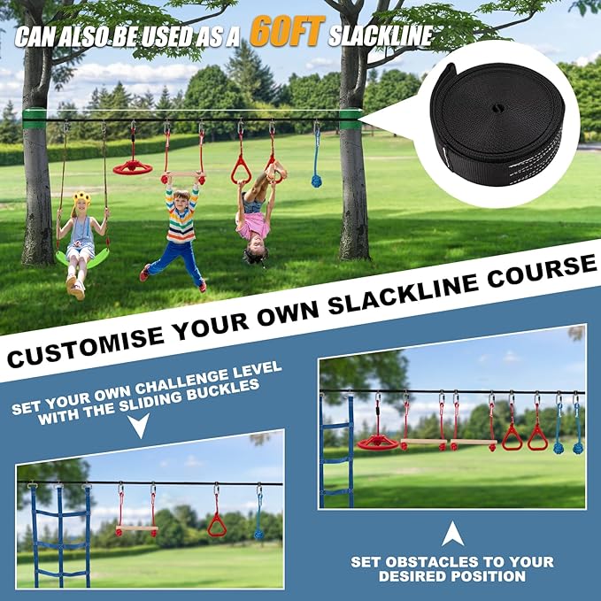 Slsy 60FT Ninja Warrior Obstacle Course with 10 Obstacles, Ninja Slackline Kit for Kids, Durable Playset Equipment for Boys & Girls with Monkey Bar, Swing, Climbing Ladder & Net