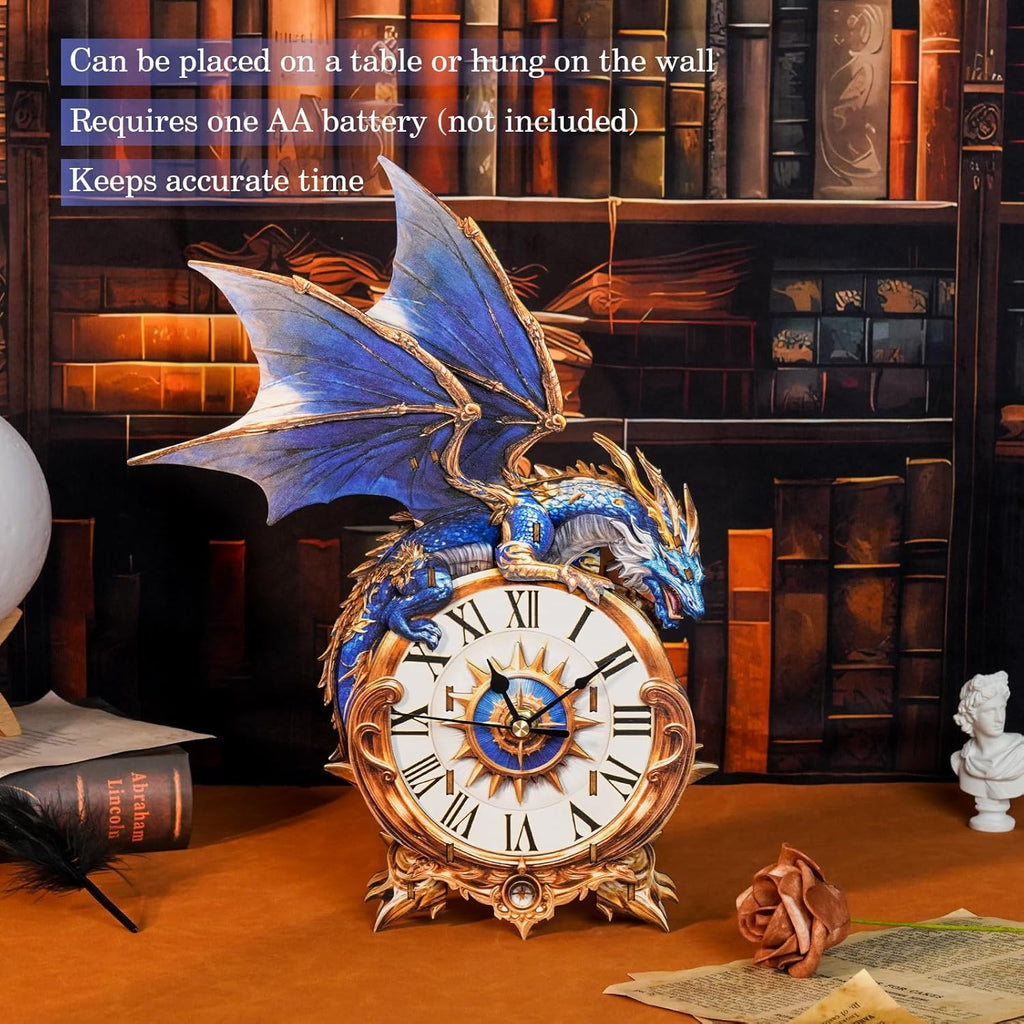 Cutywood 3D Puzzles for Adults Clock-Blue Dragon Design Model Kit-Mechanical DIY Pendulum Clock with Roman Numerals-Desk Home Office Decor Personalized Gift for DIY Lovers