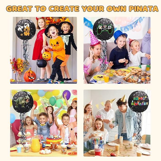 WERNNSAI Black Round Pinata for DIY - Halloween Black Moon Pinata for Kids DIY Birthday Party Disco Decoration for Adult Night Party Supplies with Confetti Bat Blindfold, 12.2”x 12.2”