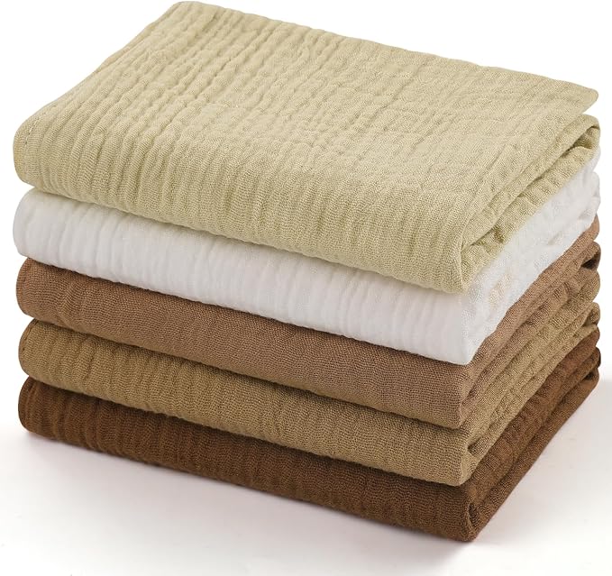 MUKIN Baby Washcloths,Muslin Burp Cloths Towels for Newborns,Absorbent Cotton Bath Face Towel ，5 Pack, 12x12 Inches (Amber Glow)