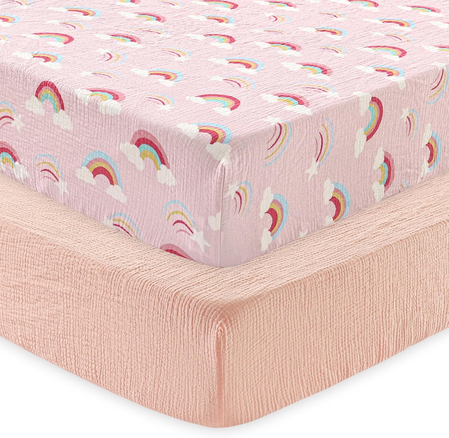 david's kids Muslin Crib Sheets for Boys Girls, 2 Pack 100% Cotton Soft Breathable Fitted Baby Sheet Set, 28x52 Inch Fits Standard Crib and Toddler Mattresses, Rainbow