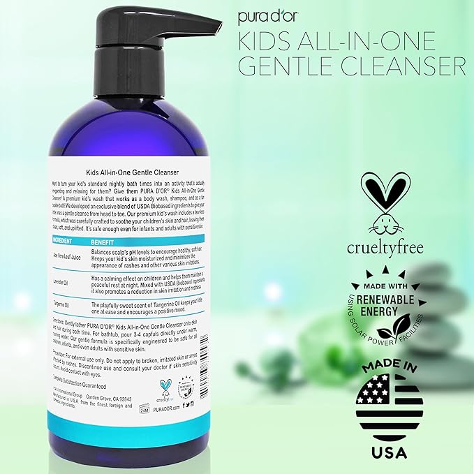 PURA D'OR Kids Wash (16oz x 3 = 48oz) All-in-One Gentle Cleanser - USDA Biobased, Sulfate-Free, Tear-Less, Hypoallergenic, Premium, Shampoo & Bubble Bath